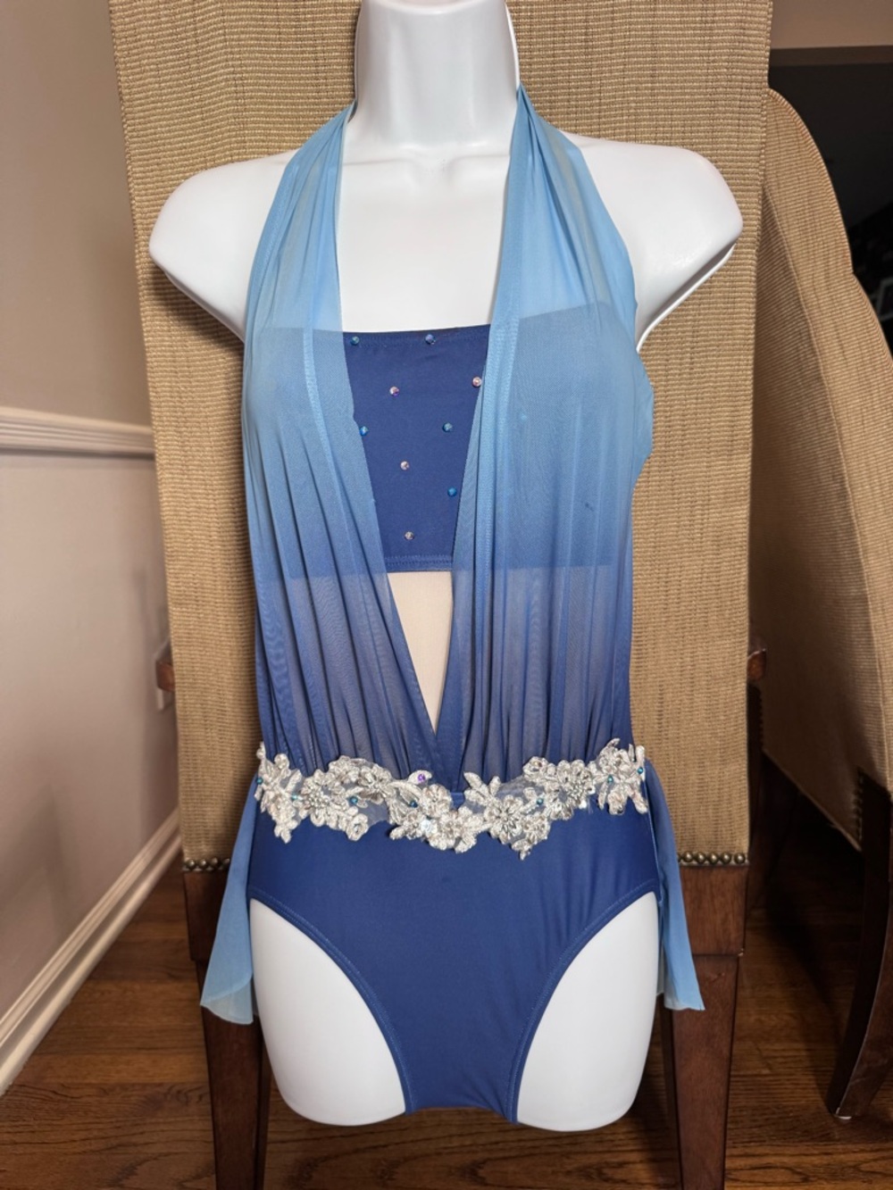 Blue Halter One-Piece Swimsuit with Beaded Appliqué